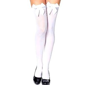 Opaque White Thigh High Stockings with Satin Bows